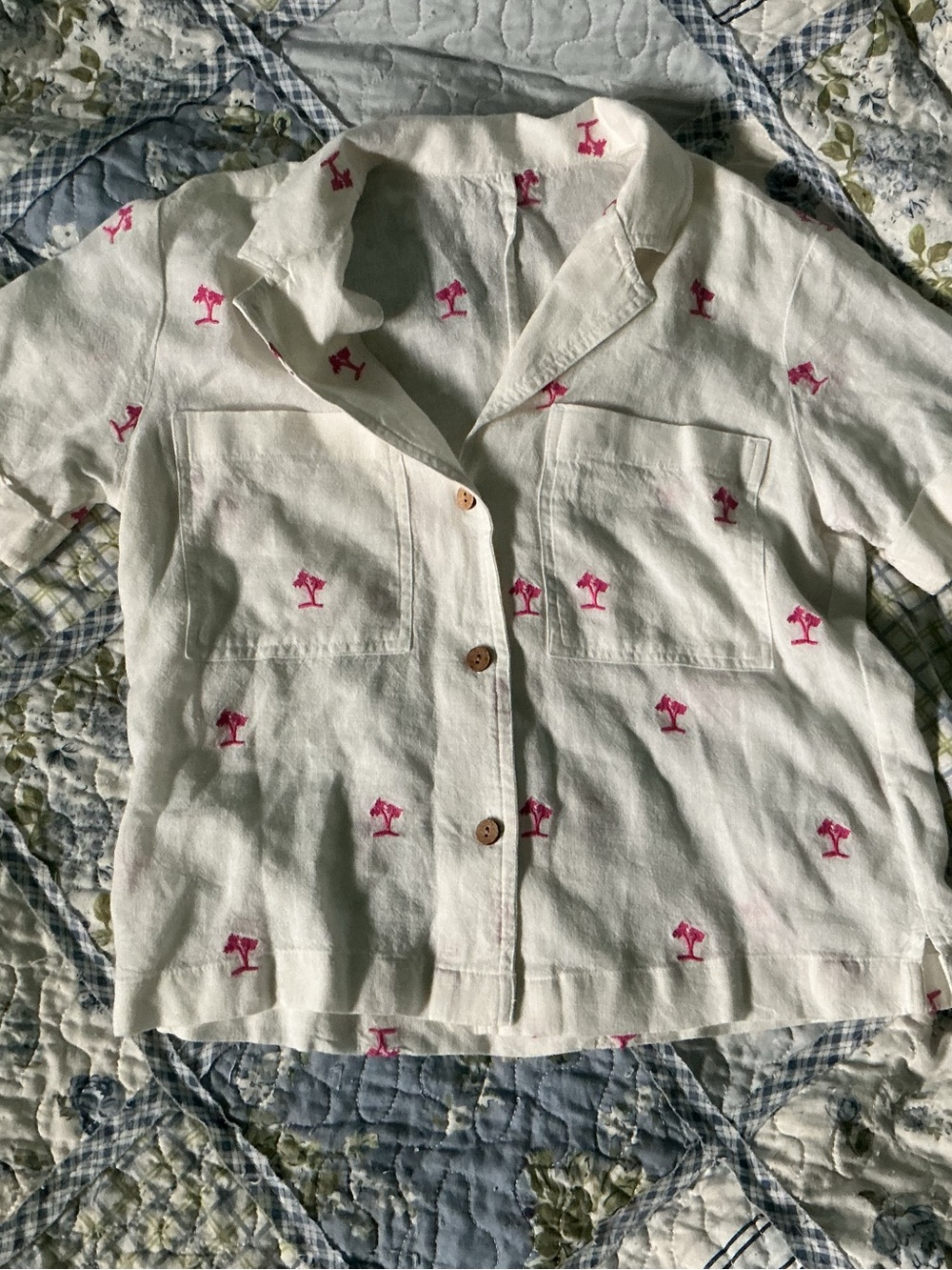 Embroidered Palm Tree Button-Front Shirt - White with Pink Palms - Picture 1 of 4